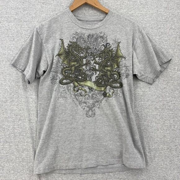 Atonement Affliction Shirt Mens Medium Gray Twin Dragons Short Sleeve Tee - Picture 1 of 7